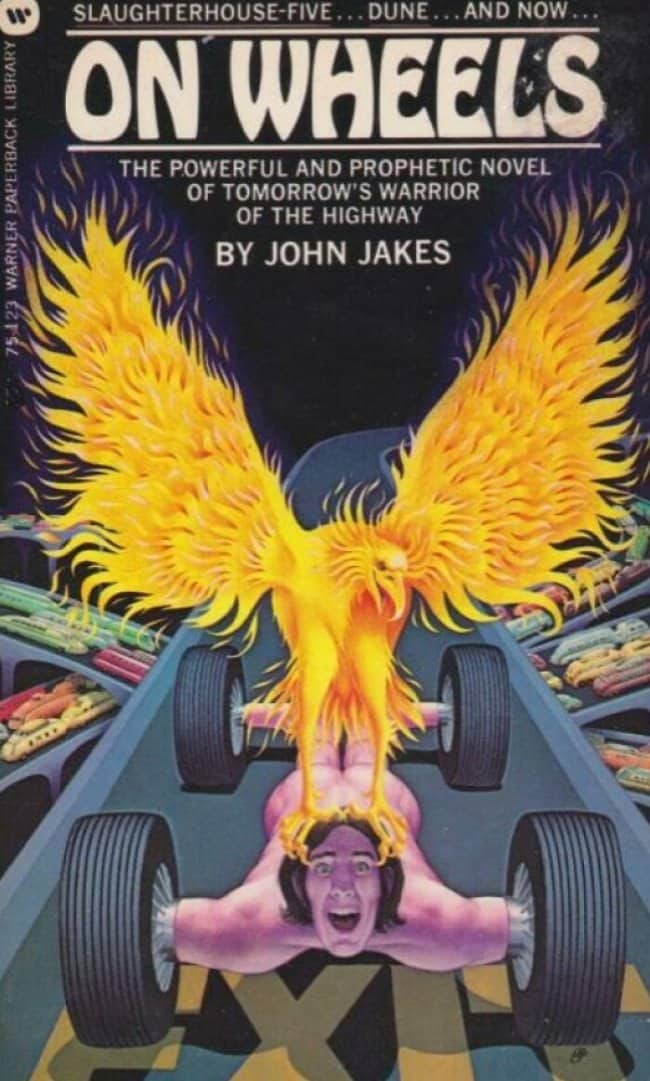 Prophetic novel cover showing a man merging into a race car with giant flames.