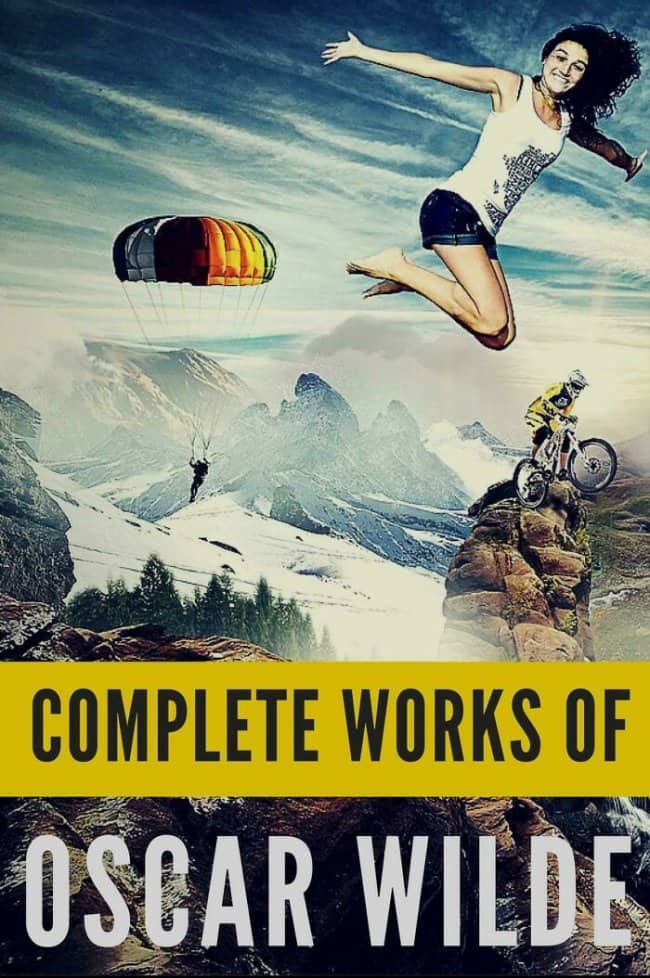 Complete works of Oscar Wilde book cover featuring awkward stock photos of extreme sports.