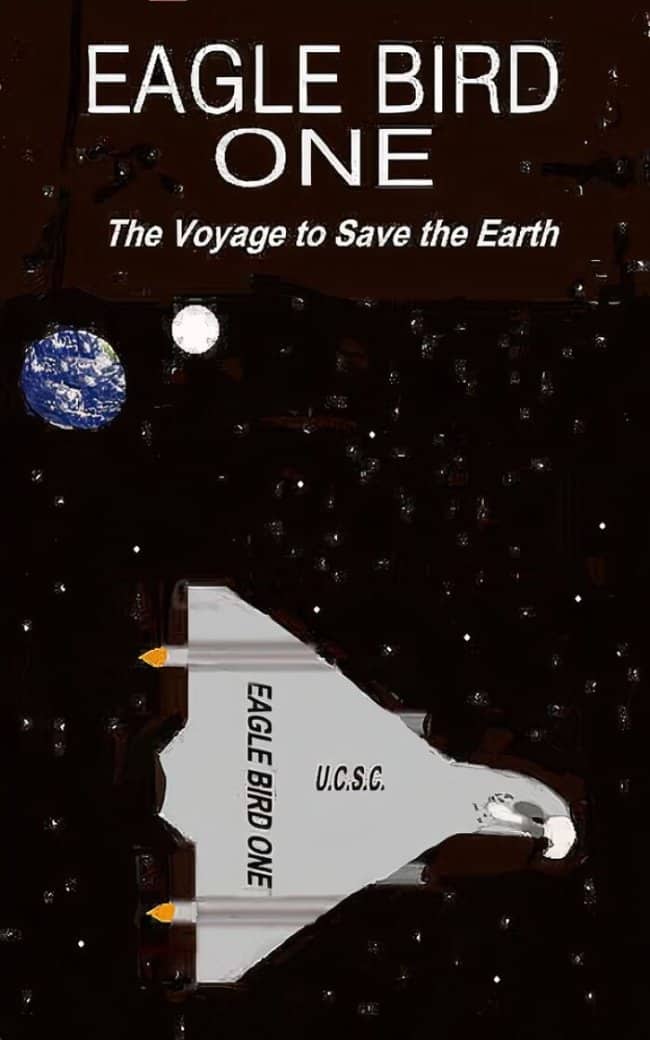 Sci-fi paperback cover for Eagle Bird One showing a primitive spaceship flying over Earth.