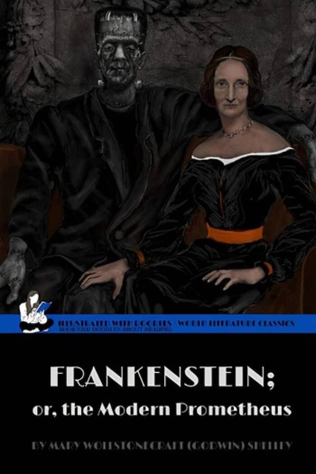Frankenstein classic book cover featuring an awkwardly photoshopped portrait of Mary Shelley and monster.