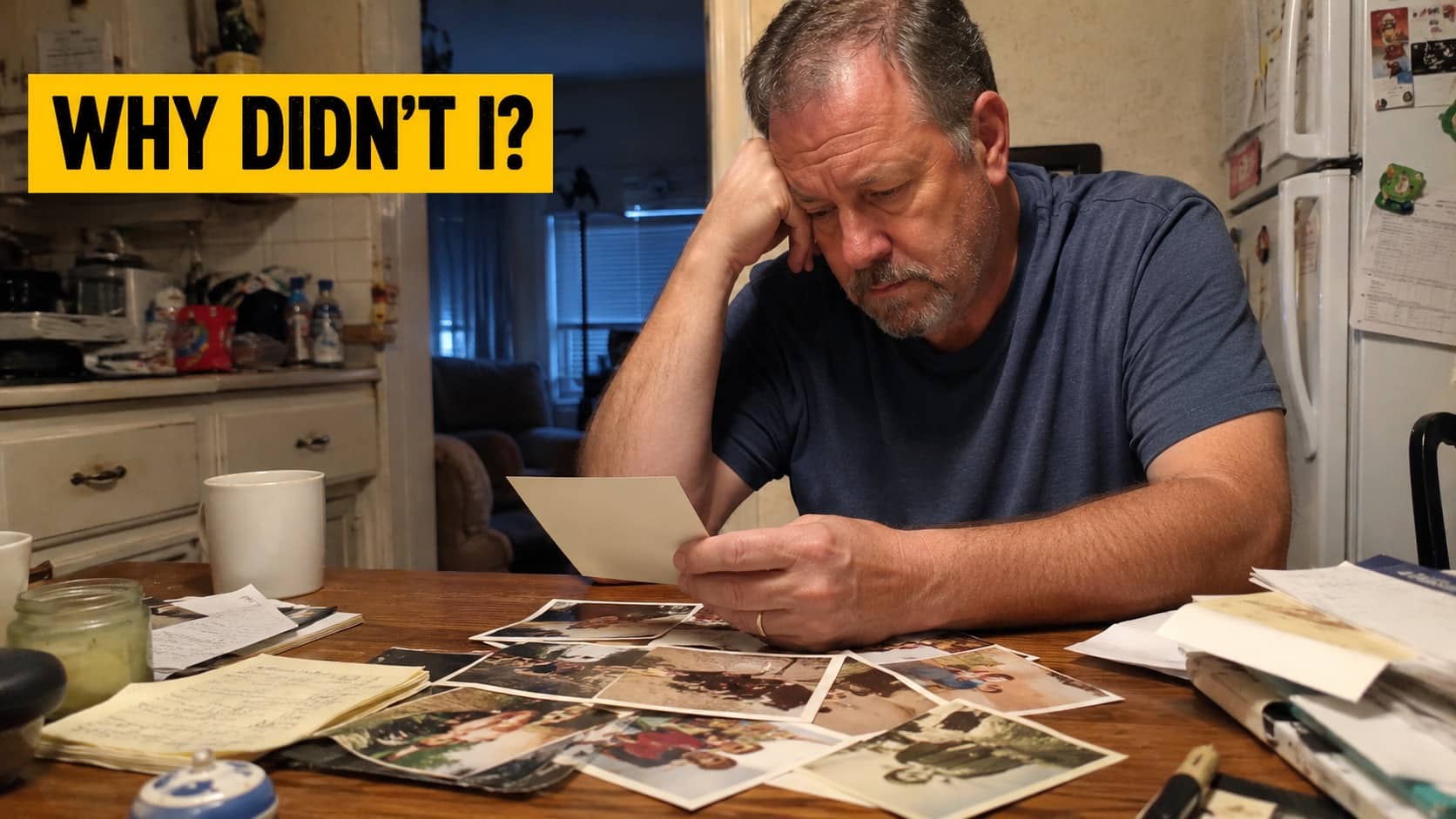 Middle aged man resting head on hand while looking through old photographs at dining table.