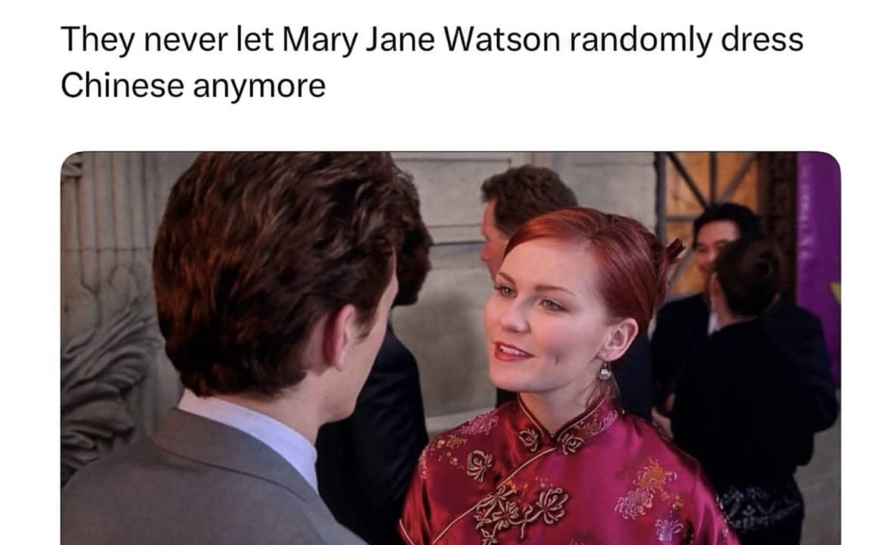 Funny meme about Mary Jane Watson wearing a traditional red cheongsam dress in Spider-Man.