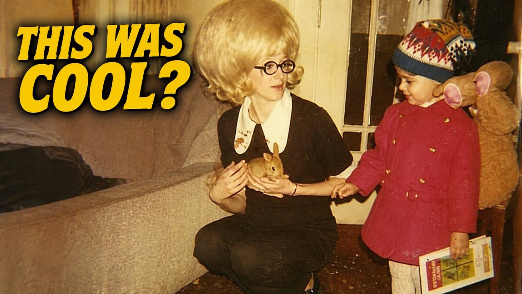 Vintage 1970s woman with giant blonde bouffant hair holding squirrel next to child, old school cool meme.