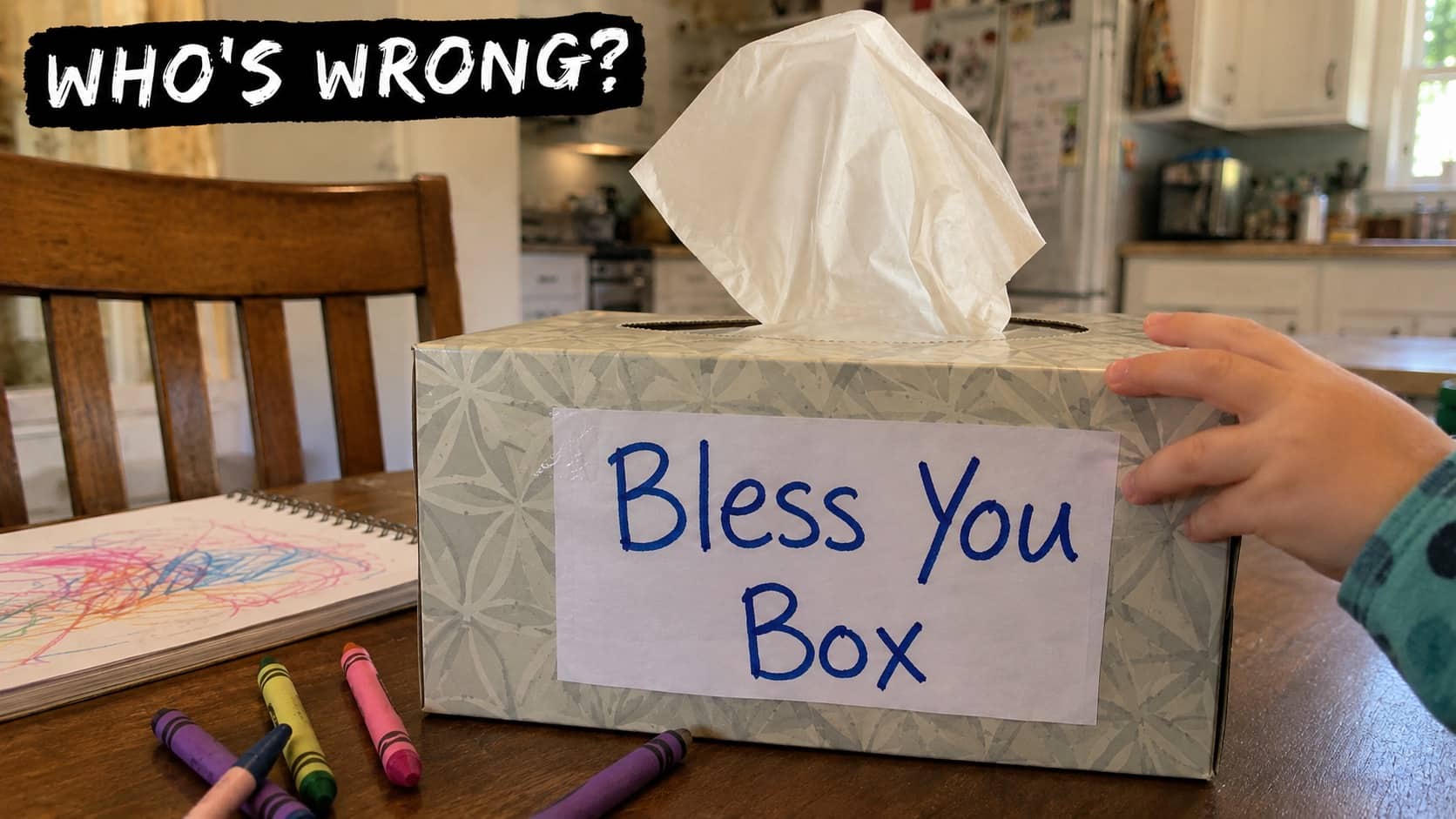 Tissue box labeled bless you box on wooden table surrounded by colorful crayons and drawings.