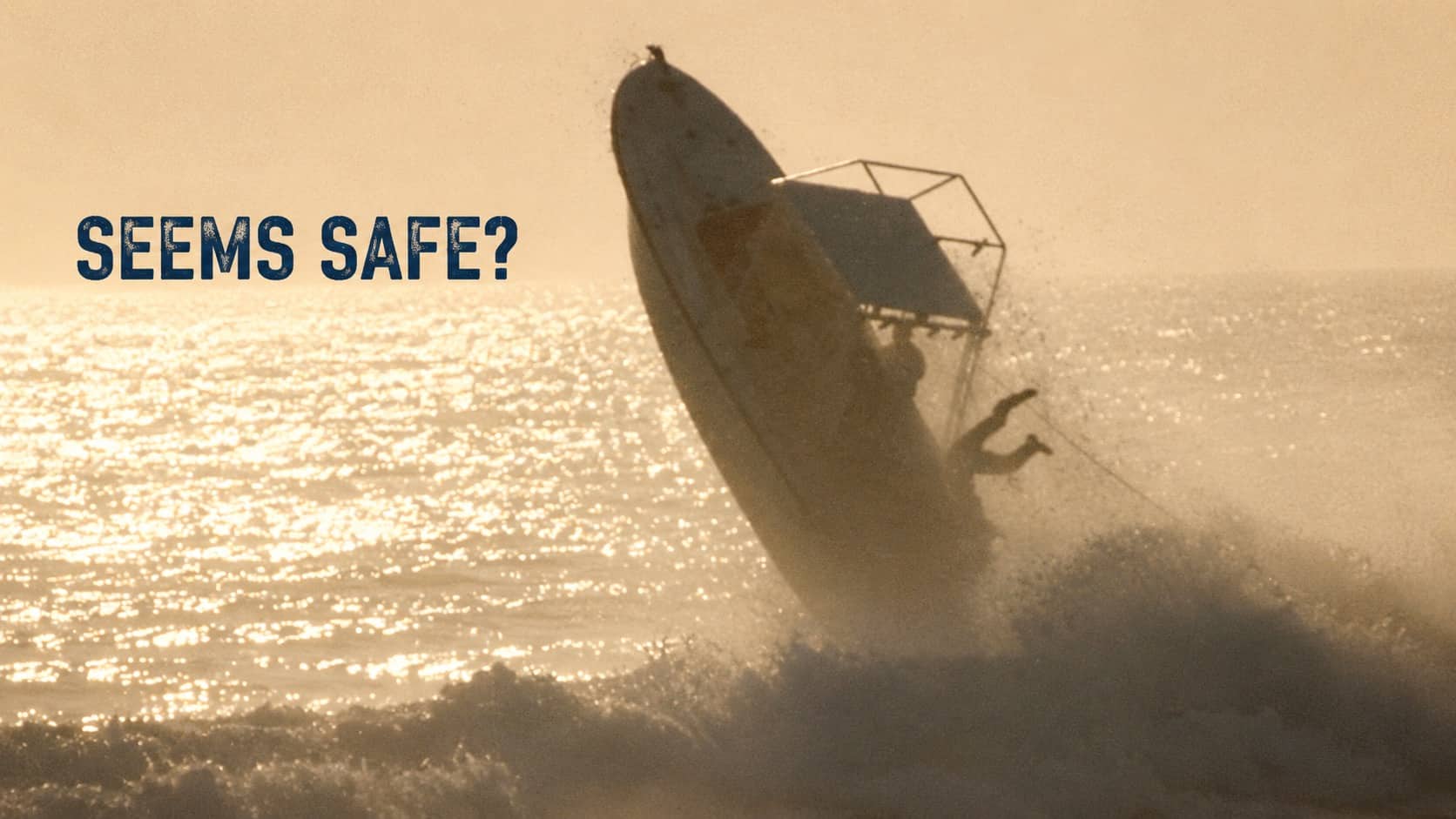 Speedboat flying high out of water with text overlay asking seems safe