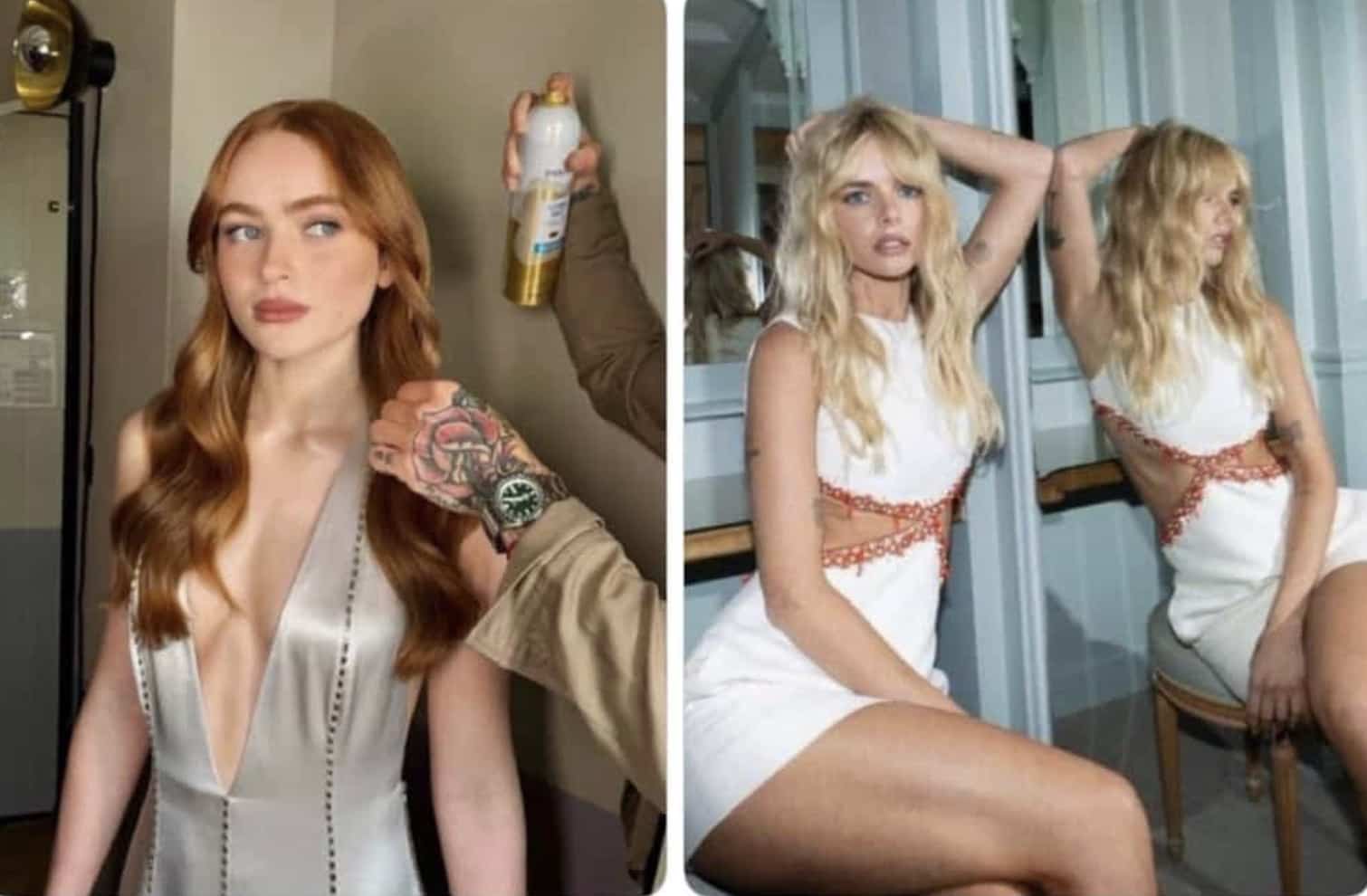 Side-by-side photos featuring actresses Sadie Sink getting styled and Samara Weaving posing in white.