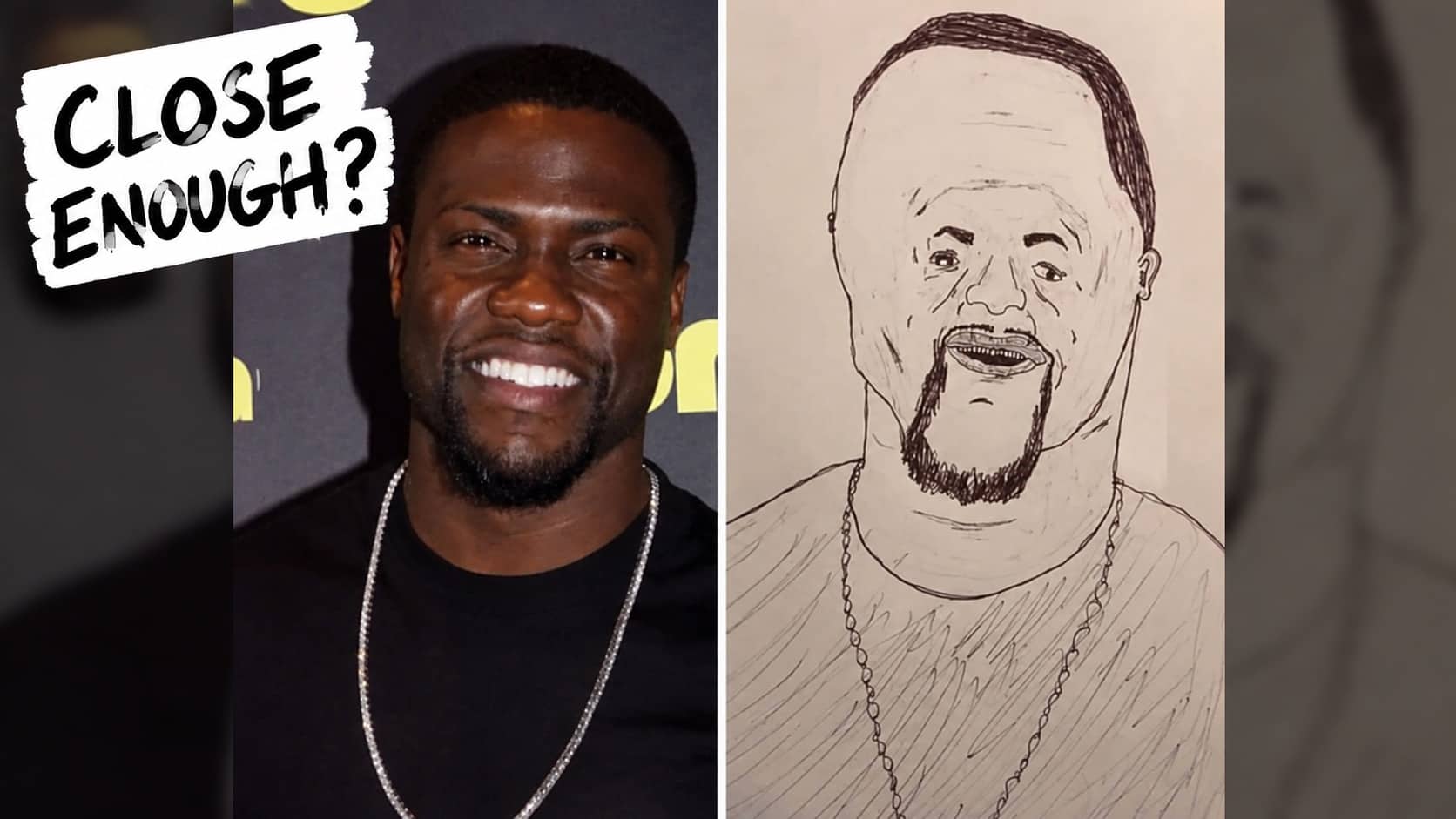 Side by side comparison of Kevin Hart and a funny poorly drawn celebrity portrait.