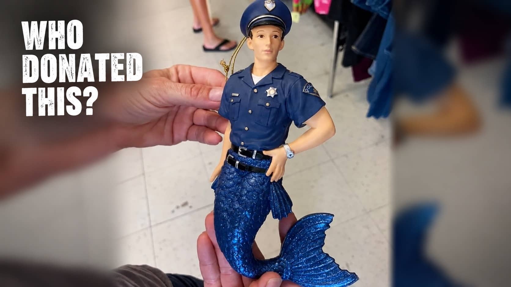 Unique merman police officer figurine ornament found while shopping for weird thrift store finds.