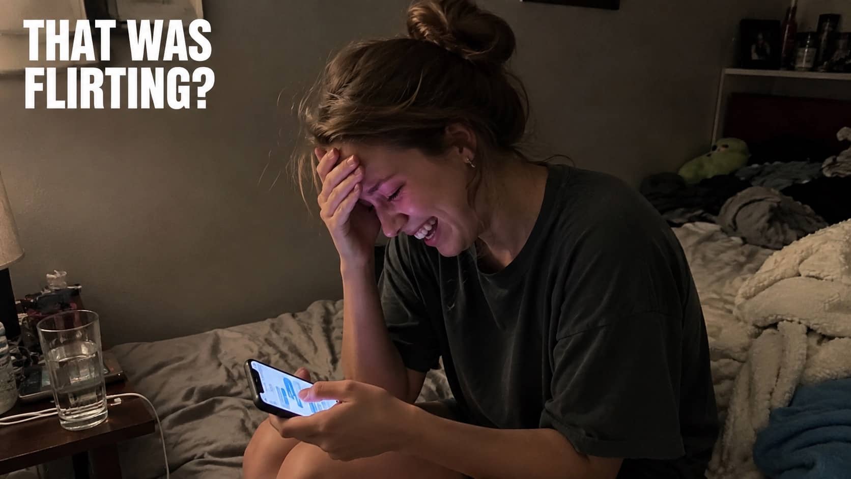 Woman laughing facepalm sitting on bed holding phone, flirty text fails meme.