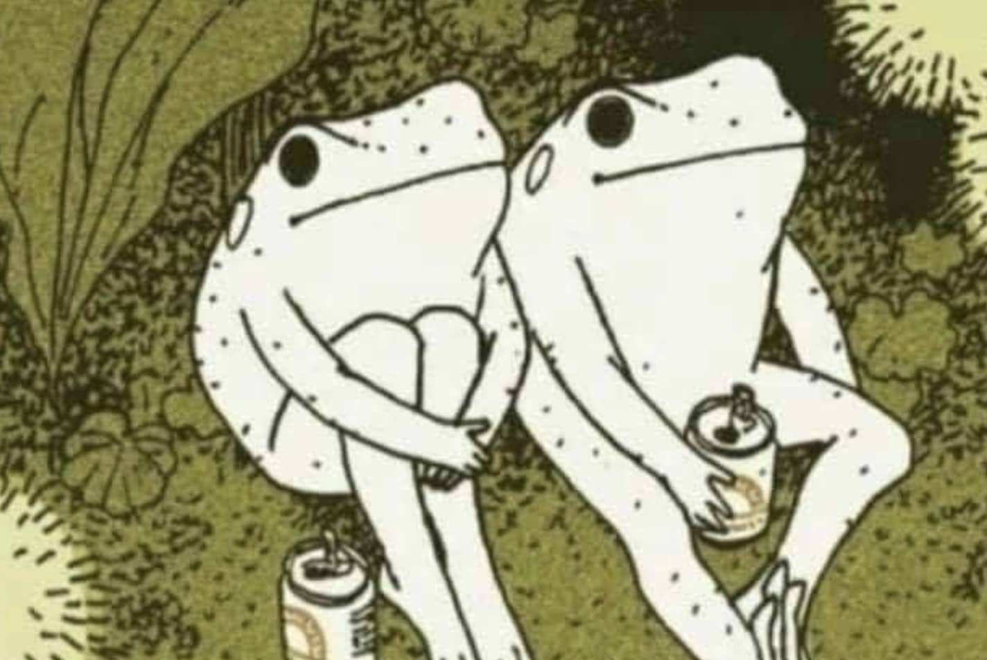 Two illustrated frogs sitting together on green grass drinking canned beverages funny meme.