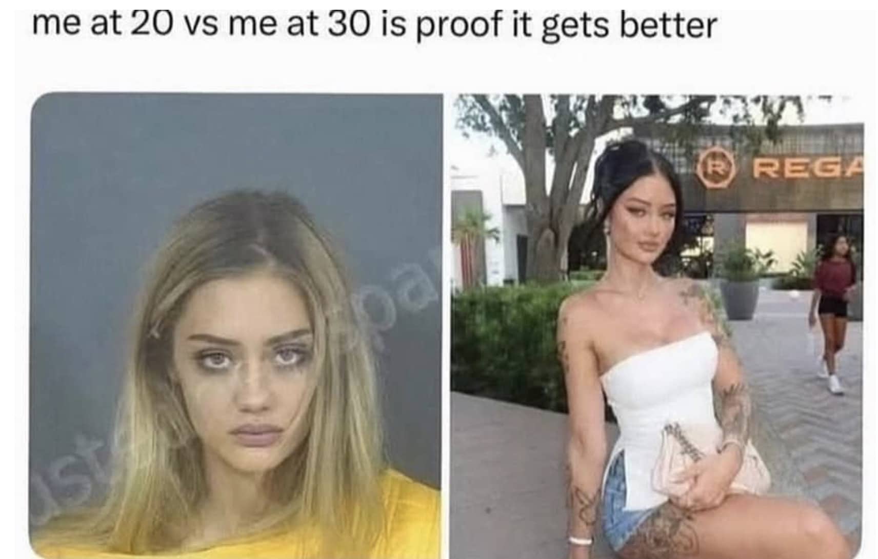 Side by side funny meme comparing a blonde mugshot photo to a glamorous woman posing outside.