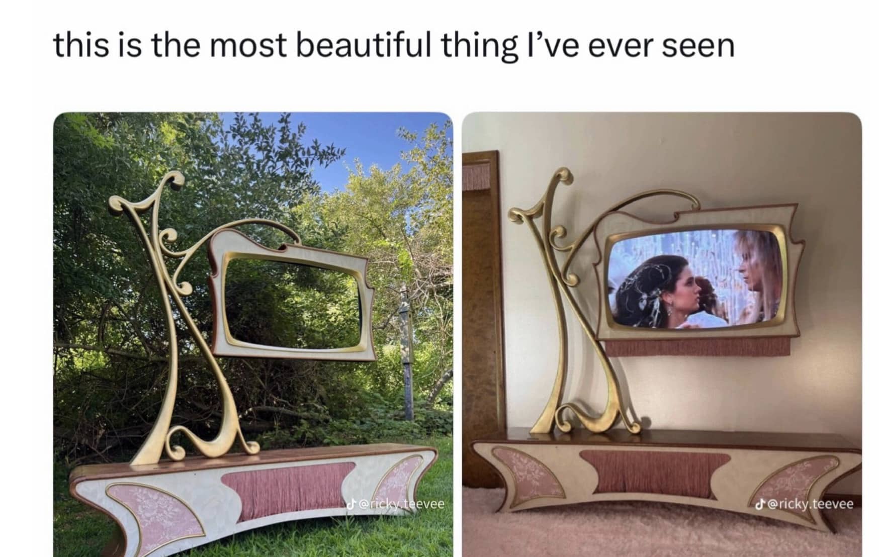 Custom art nouveau vintage television set framed in ornamental wood with a screen playing Labyrinth movie.