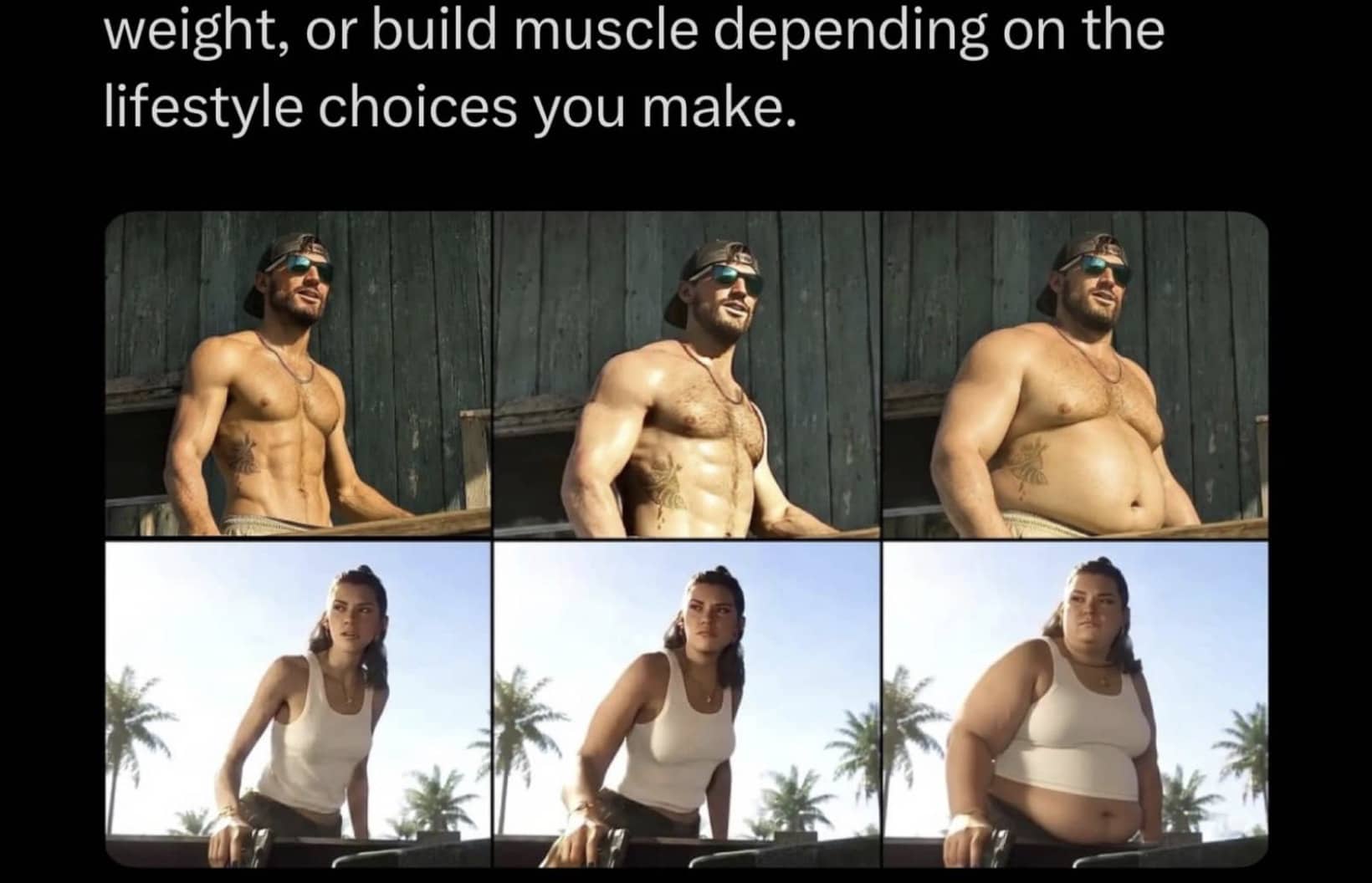 Video game character body customization meme showing athletic and overweight character models side by side.