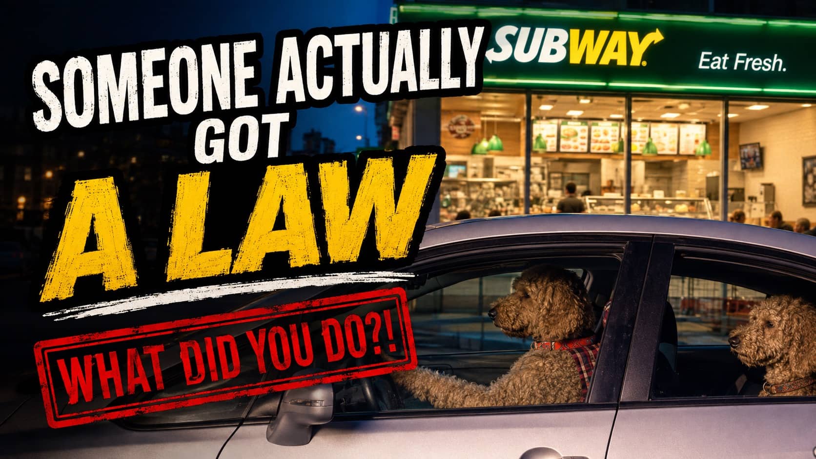 Dog sitting behind steering wheel of car parked outside Subway restaurant under night sky.