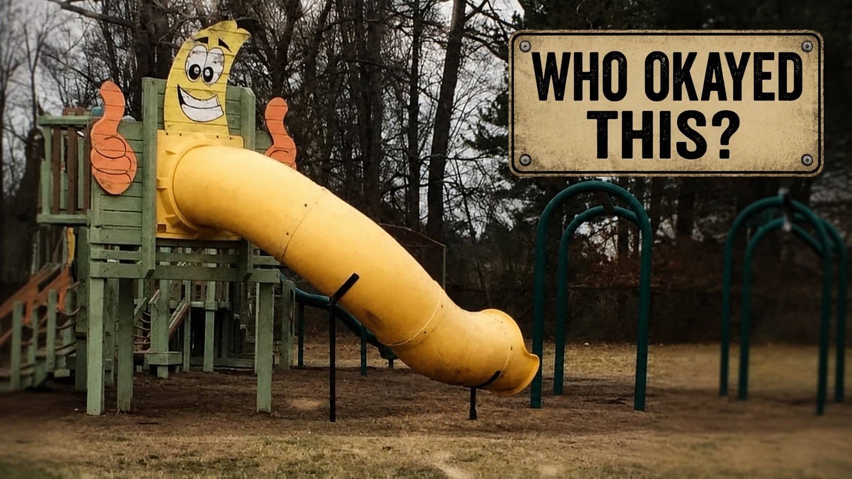 Bizarre banana-shaped slide structure placed in a playground for worst playgrounds design fails.