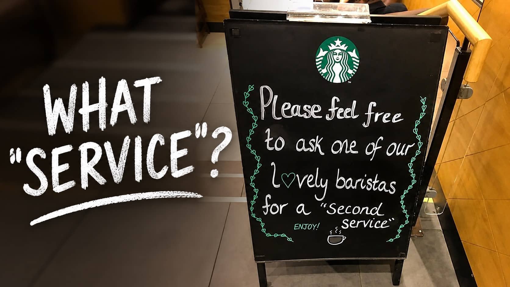 Coffee shop chalkboard sign displaying funny misused quotation marks around the phrase second service.