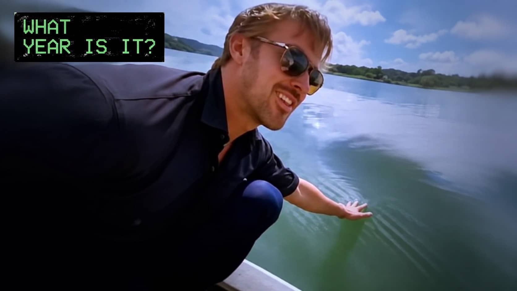 Man crouching near water wearing sunglasses creating time memes about lost track of time.