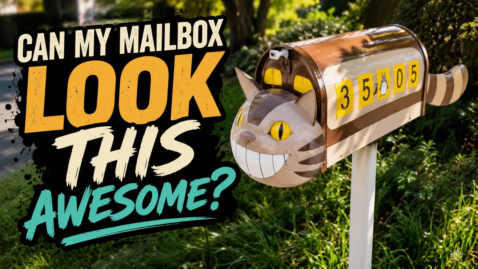 Creative residential mailbox custom designed and painted like Studio Ghibli Catbus character in yard.