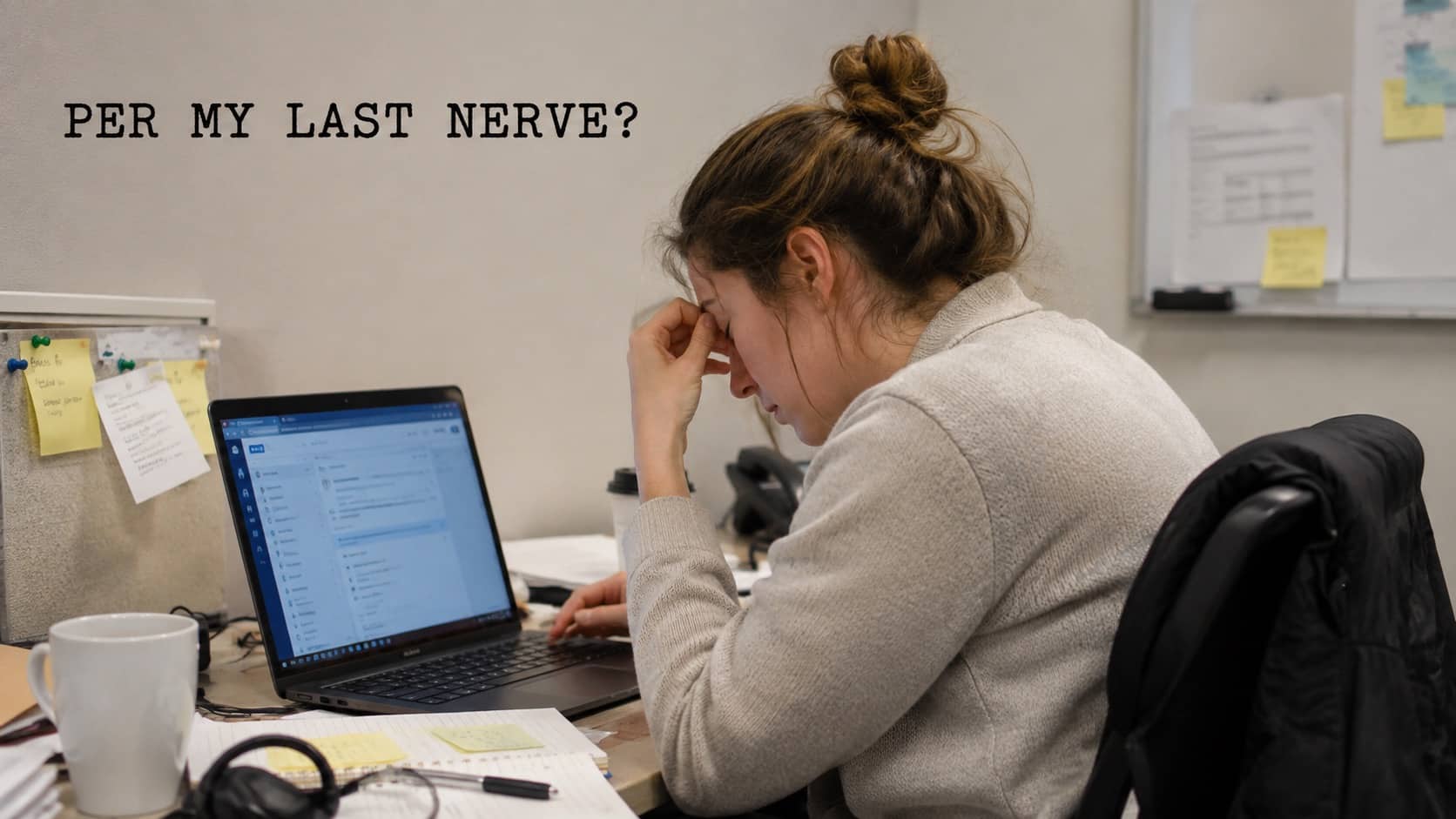 Stressed woman sitting at desk reading frustrating work emails on her laptop computer screen.