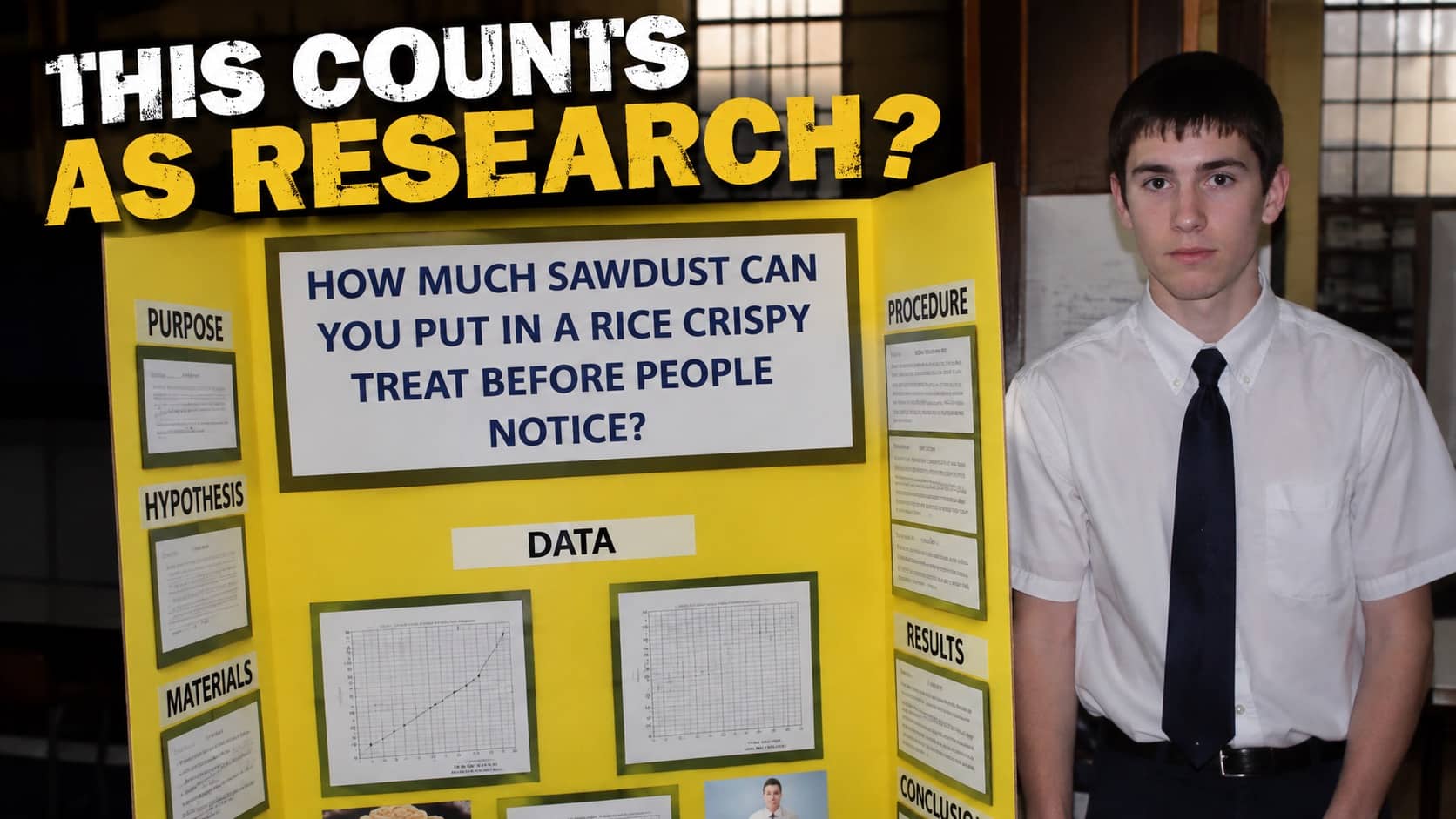 Student next to science fair board testing sawdust in rice crispy treats