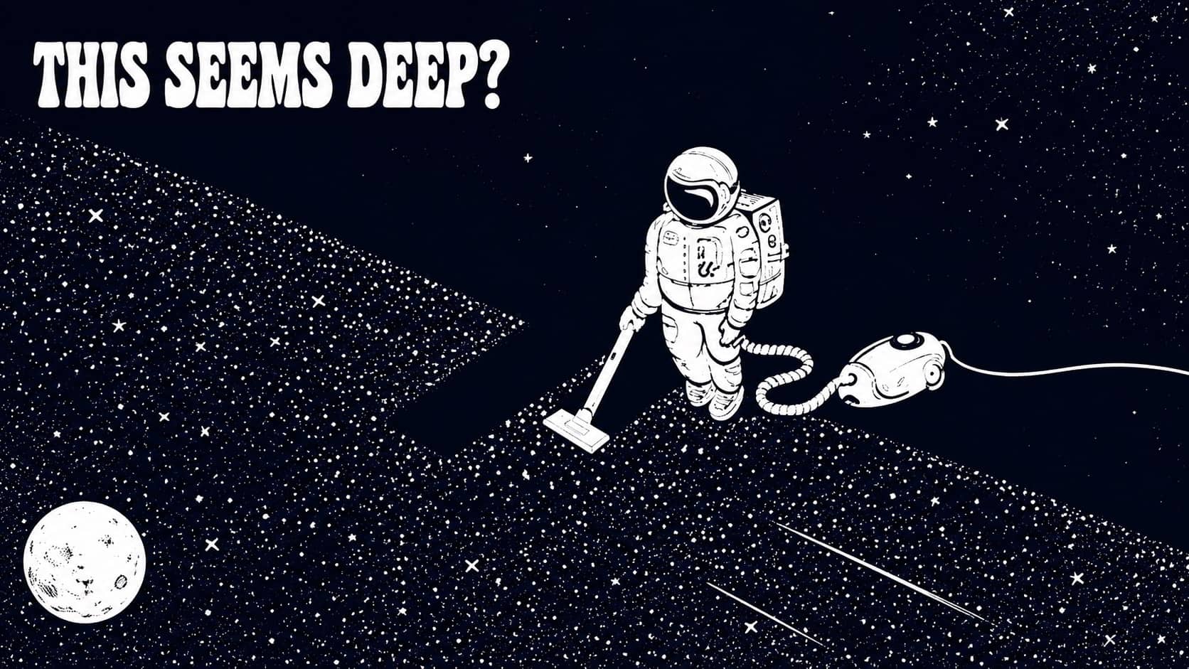 Astronaut vacuuming path through starry outer space galaxy background, tripping memes.