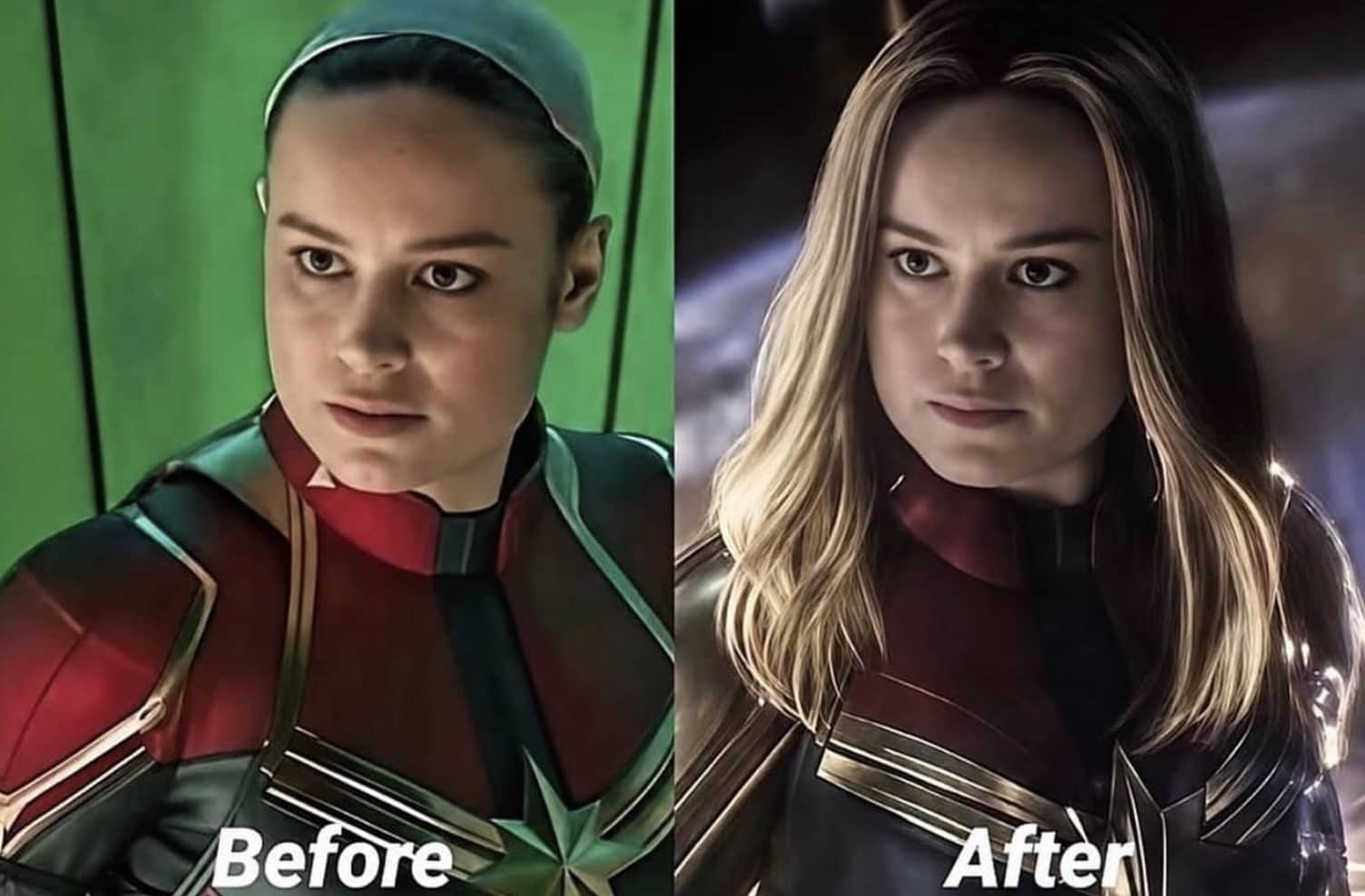 Side-by-side comparison meme of Captain Marvel wearing a hairnet and with styled hair labeled before and after.