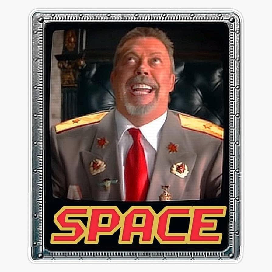 Tim Curry memes sticker showing his iconic, wildly expressive grin as Premier Anatoly Cherdenko from Command & Conquer: Red Alert 3 with bold text reading "SPACE".