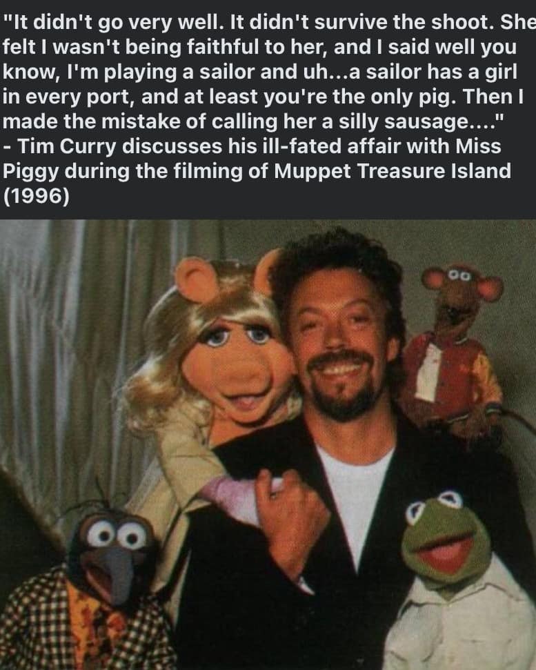 Vintage photo of Tim Curry hugging Miss Piggy alongside Kermit and Gonzo, paired with a satirical quote detailing his dramatic affair with Miss Piggy during Muppet Treasure Island.