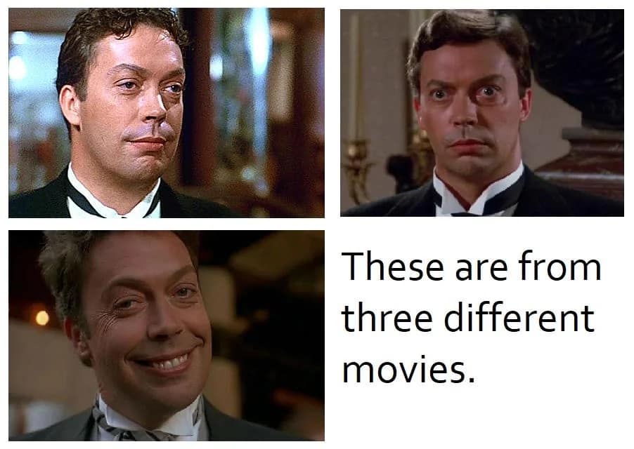 Three-panel grid showing Tim Curry in dark suit and tuxedo attire across three distinct roles in Clue, Home Alone 2, and Oscar, noting they are from entirely different films.