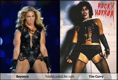 Side-by-side celebrity comparison meme placing Beyoncé's fierce leather Super Bowl performance pose right next to Tim Curry in fishnets as Dr. Frank-N-Furter.