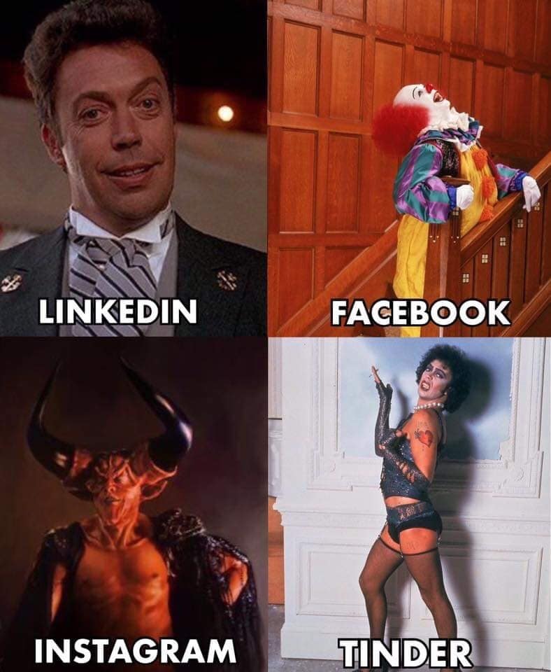 Four-panel grid applying Tim Curry's roles—Wadsworth for LinkedIn, Pennywise for Facebook, Darkness for Instagram, and Frank-N-Furter for Tinder—to social media platforms.