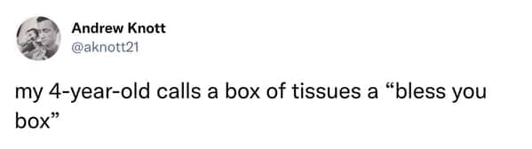 Tweet about a four-year-old child calling a tissue box a bless you box.