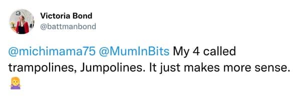 Tweet describing a child calling trampolines jumpolines because it makes more sense.