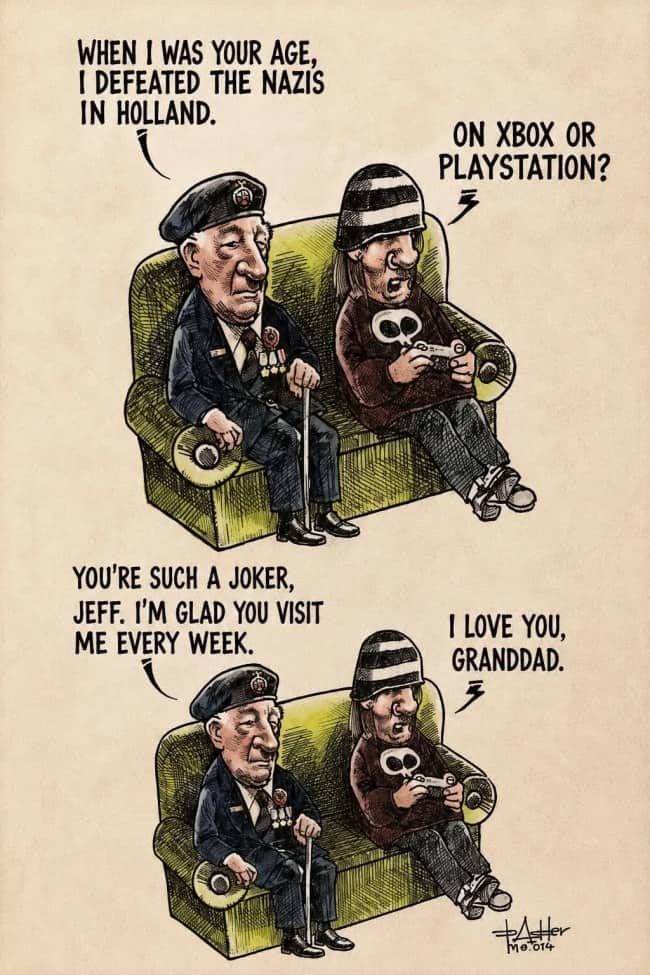 Comic showing a WWII veteran grandfather and his gaming grandson sharing a wholesome bonding moment.