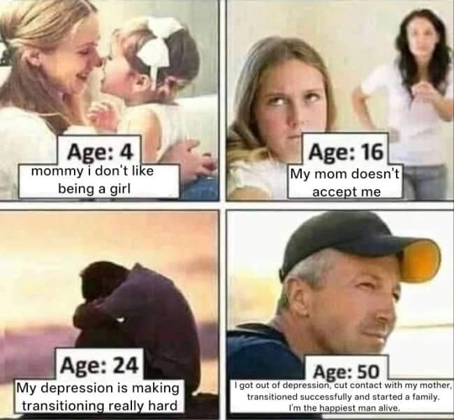 Four panel wholesome comic depicting a transgender man successfully overcoming depression to find happiness.