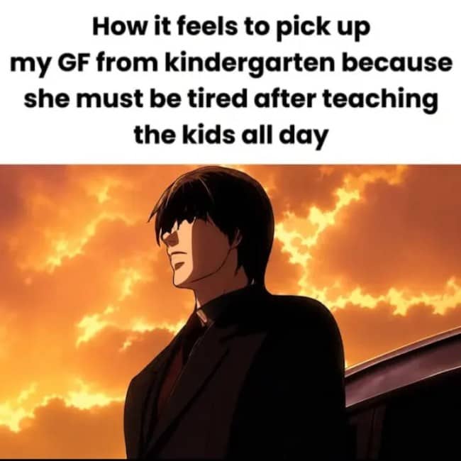 Anime man in a black suit standing heroically while picking up his kindergarten teacher girlfriend.