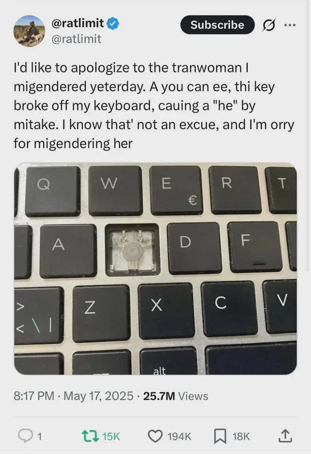 Twitter apology for misgendering someone explained by a photograph of a broken keyboard S key.
