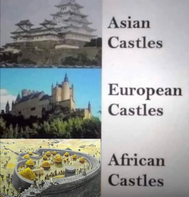 Literal educational meme comparing the distinct architectural styles of Asian, European, and African castles.
