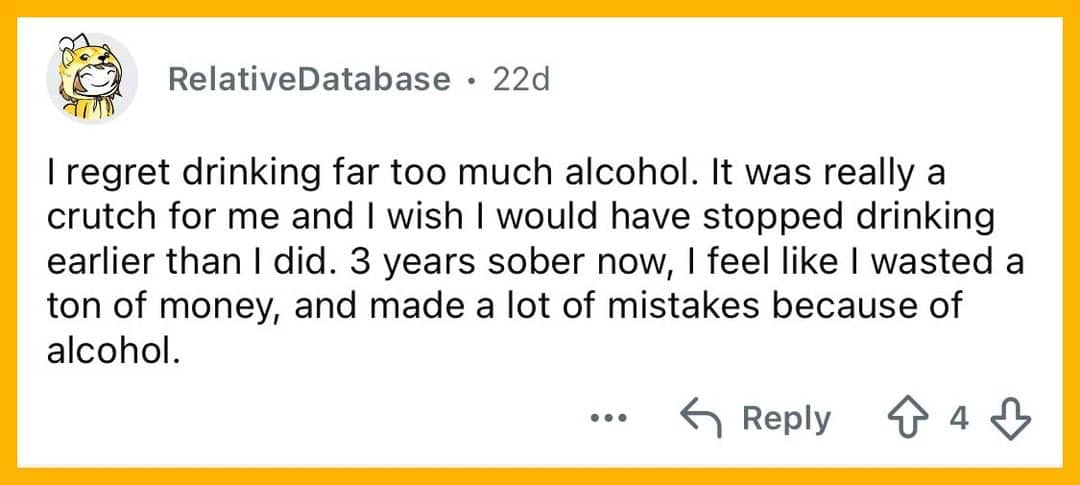 Reddit comment screenshot discussing sobriety and overcoming alcohol abuse as a major life regret.