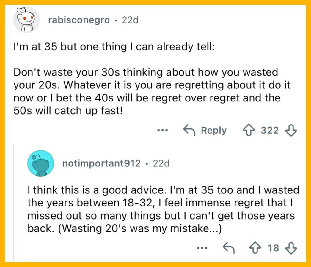 Online forum thread giving advice on avoiding regrets about wasted youth in your thirties.
