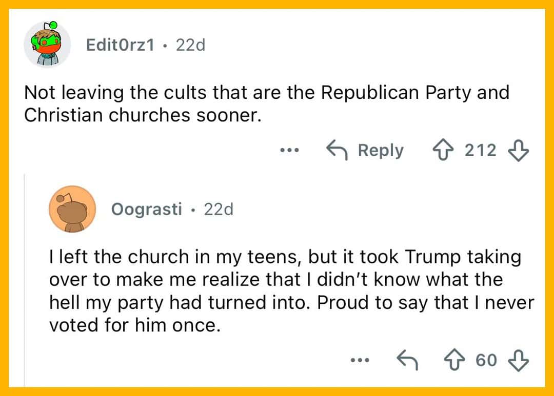 Discussion thread about political and religious regrets from former conservative church members online.