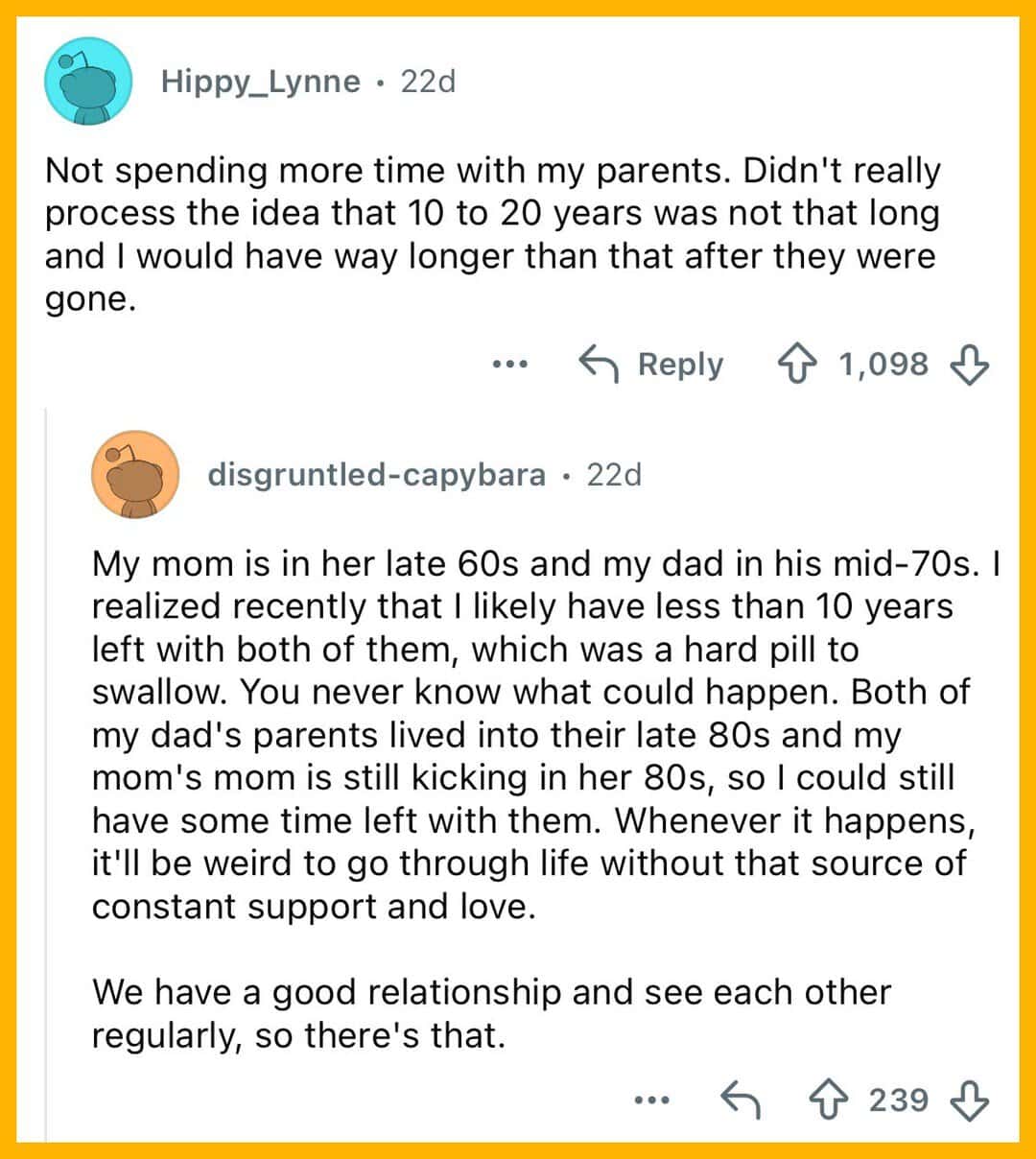 Reddit comment reflecting on aging parents and time lost during busy adult years.