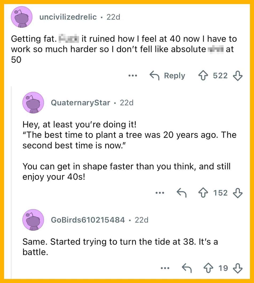 Online post discussing health regrets about weight gain and fitness efforts in middle age.