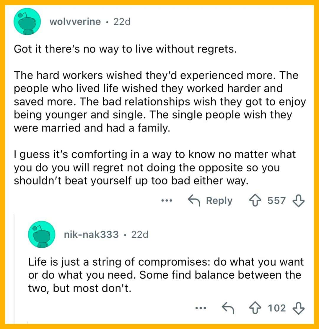 Philosophical comment thread about how every life choice inevitably creates some form of regret.