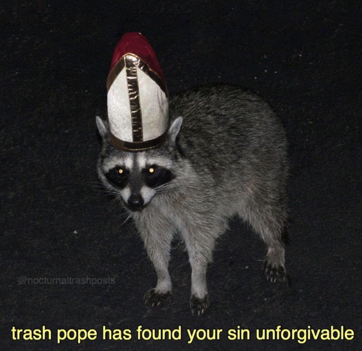 A nocturnal animal judgment classic meme featuring a raccoon wearing a Pope mitre hat standing in the dark, captioned "trash pope has found your sin unforgivable."