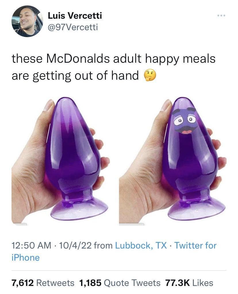 A viral adult Happy Meal joke in this classic meme set showing a purple Grimace-themed adult novelty item edited next to a fast-food promotional joke.