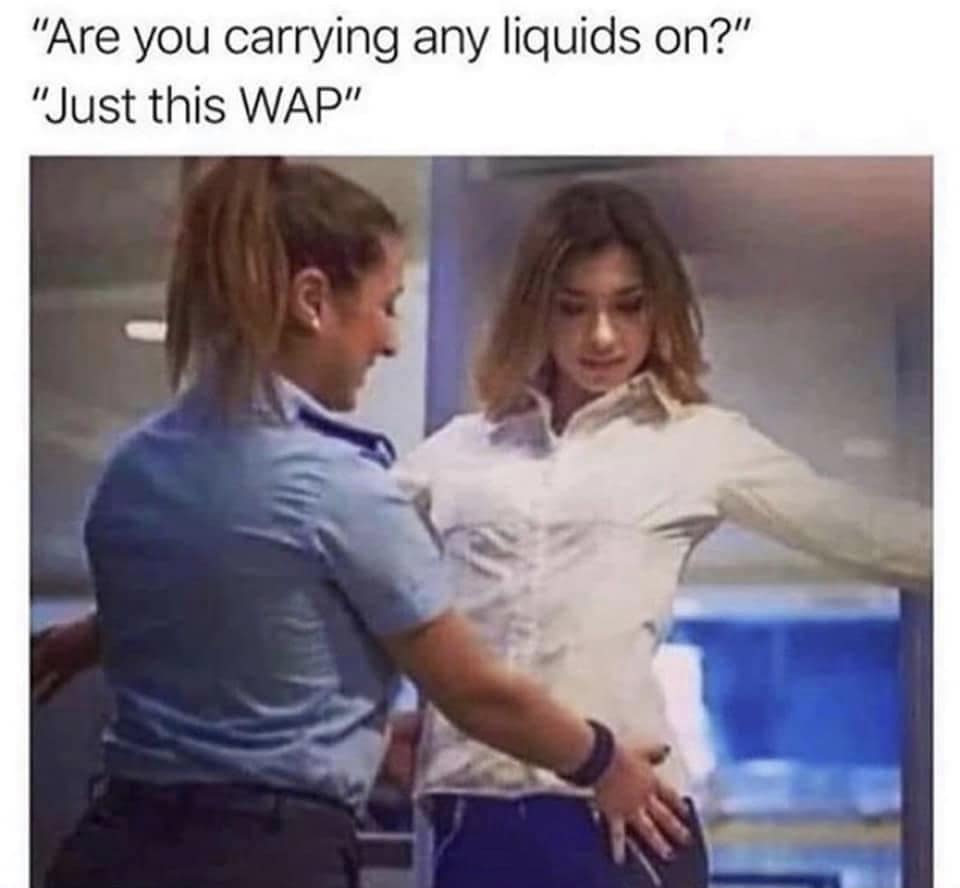 An airport security pat-down classic meme image where a traveler responds to TSA questions about carrying liquids by claiming "Just this WAP."