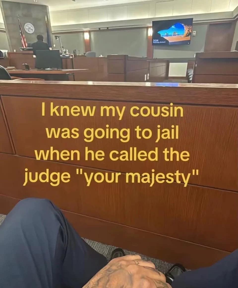 View from courtroom spectator benches facing polished wood paneling, overlaid with text realizing a relative is going to prison after addressing the judge as "your majesty."