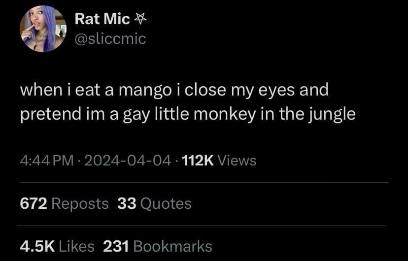 A tropical sensory tweet operating as a classic meme where user Rat Mic shares closing their eyes while eating a mango to pretend to be a happy monkey in the jungle.