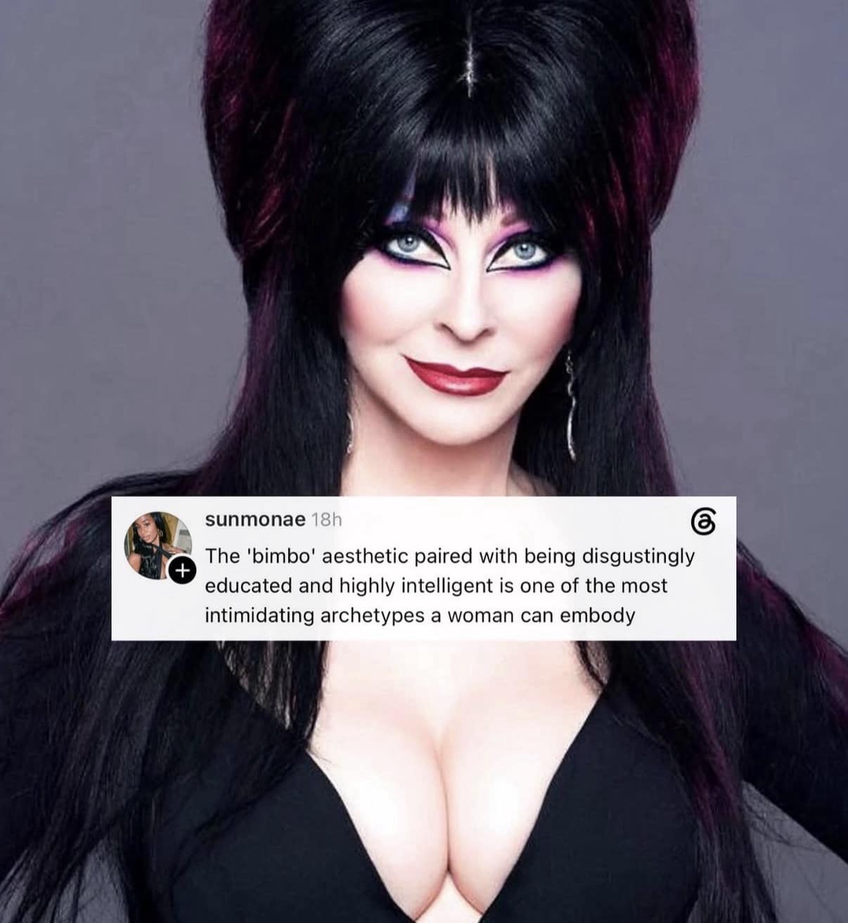 Photo of Elvira, Mistress of the Dark, overlaid with text praising highly educated women who embrace a glam aesthetic in a classic meme.